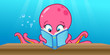 cartoon vector illustration of an octopus reading 