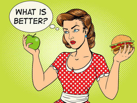 Young woman with apple and burger pop art vector