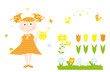 wiosna / dziewczynka z konewką i elementy wiosenne : ptaki, kwiaty, tuilpany, motyle 