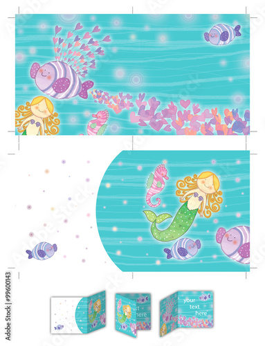 
Blonde little mermaid.  Four pages square girl baptism invitation layout, both sides printable at size 30cm X 15cm. Cropping marks on document also.
