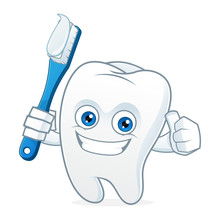 Tooth Cartoon Mascot Brushing Teeth