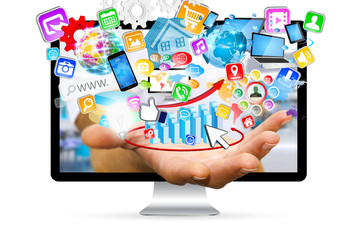 Poster - Businessman escaping from computer using modern digital applicat