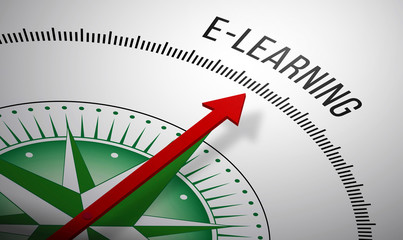 Poster - 3D rendering of a compass with a E-learning icon.