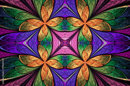 Naklejka na meble Symmetrical flower pattern in stained-glass window style on dark