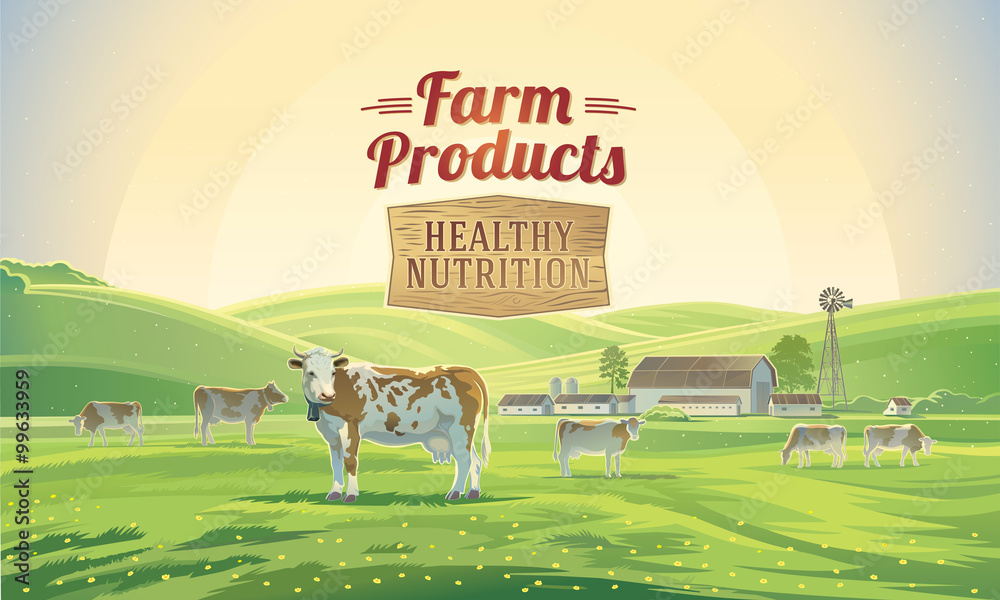 Rural landscape with cows and farm. Farmland. Stock Vector | Adobe Stock