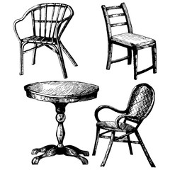 Set of furniture. Hand drawn illustration of table, chair, armchair. Doodle, sketch style of furniture. Interior objects