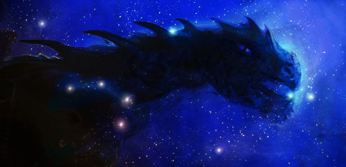 Poster - Cosmic dragon in space and stars, blue cosmic abstract background