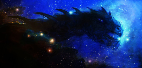 Poster - Cosmic dragon in space and stars, blue cosmic abstract background 