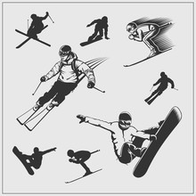 Skiing Set. Silhouettes Of Skiers And Snowboarders.