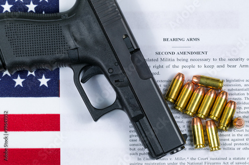 Fotografia, Obraz Pistol with flag and American paper for right to bear arms
