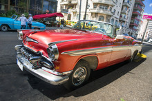 Old Red American Car On Havana Street, Cuba