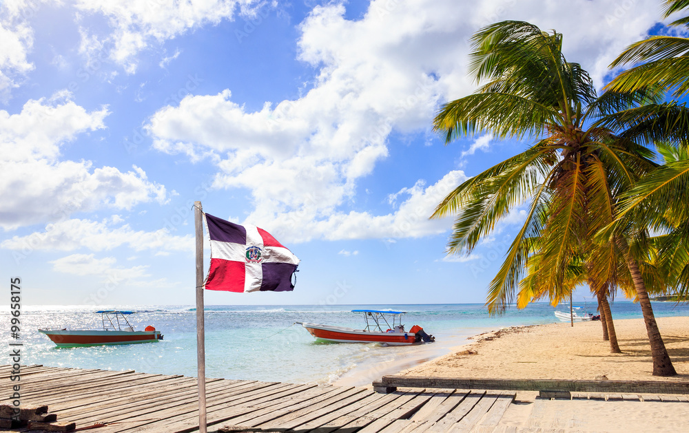 Caribbean beach and Dominican Republic flag - obrazy, fototapety, plakaty 