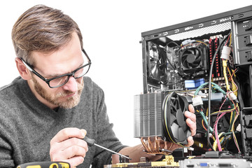 Poster - Computer technician installs cooling system.