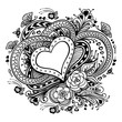 Zen-doodle Heart frame with flowers butterflies   black on white