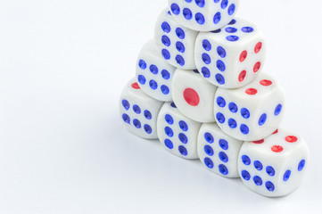 White dice stacking with close up view