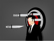 beautiful graphic design of business man standing in target circle for throwing knives by the negative word knives,graphic design concept of risk management concept