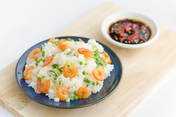 Wall Mural - Asian street food. Sticky rice with dry shrimp and onion