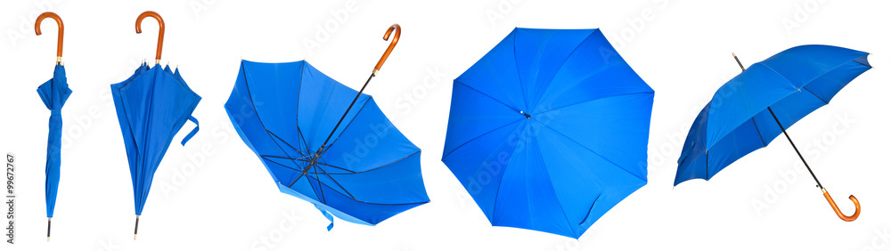 Set blue umbrella stick on a white background - obrazy, fototapety, plakaty 