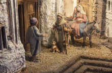 Christmas Nativity Scene. Mary And Joseph's Search For A Place T