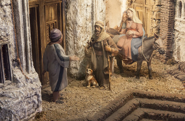 Christmas Nativity scene. Mary and Joseph's search for a place t