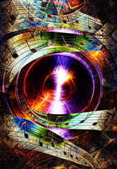 Wall Mural - ancient mayan calendar and silhouette of music audio speaker and music note, cosmic space with stars