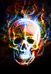 Fototapete - Ancient Mayan Calendar and skull,  Skull wirt fire effect. abstract color Background.
