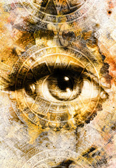 Leinwandbilder - Ancient Mayan Calendar and woman eye,  abstract color Background, computer collage.