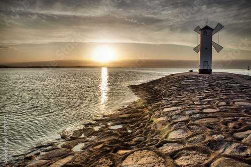 Obraz w ramie Historic Lighthouse windmill Stawa Mlyny, Swinoujscie, Baltic Sea, Poland.