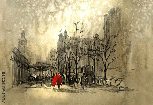 Naklejka na meble couple in red walking on street of city,freehand sketch