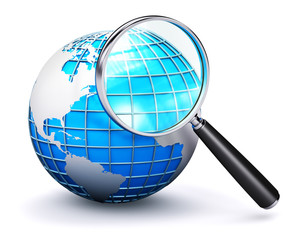 Poster - Blue Earth globe and magnifying glass