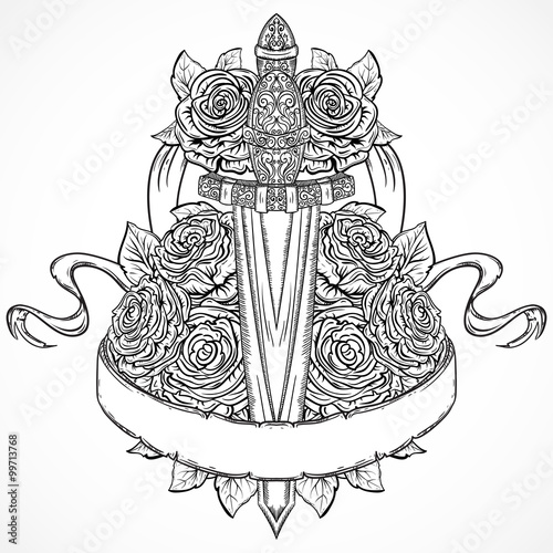 Medieval Sword Roses Leaves And Ribbon Banner Vintage Floral