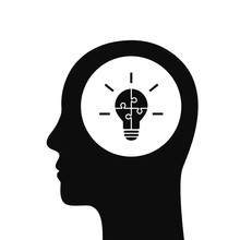 Head Silhouette With Lightbulb Made Of Jigsaw Puzzle Pieces. Vector Illustration Isolated On White Background.