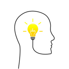 Poster - idea concept . human head contour with shining lightbulb spelling the word idea.