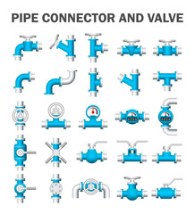 Pipe icon and flange fitting. Include control valve and pressure gauge. For pipeline construction and transportation liquid or gas i.e. oil, natural gas. Also for sewage, plumbing and irrigation.