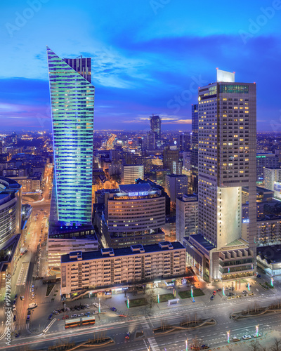 Obraz w ramie Panorama of modern Warsaw by night