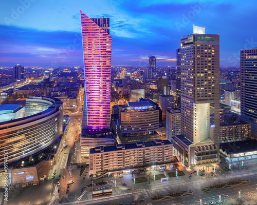 Naklejka - mata magnetyczna na lodówkę Panorama of modern Warsaw by night