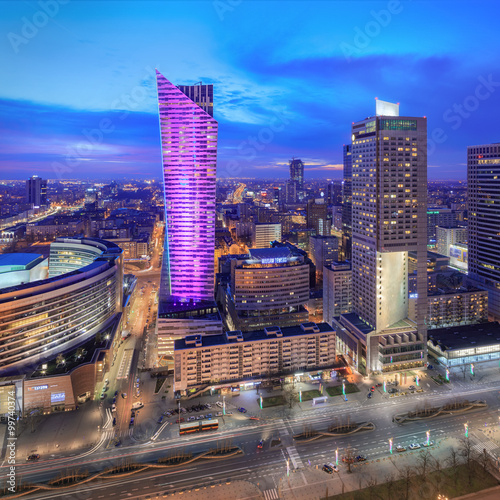 Obraz w ramie Panorama of modern Warsaw by night