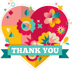 Wall Mural - Thank you, card with heart, icons and flowers