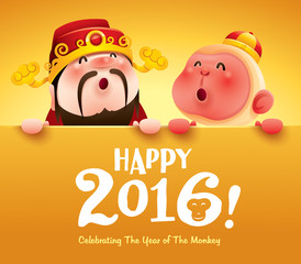 Wall Mural - Happy 2016! Chinese God of Wealth and Chinese Zodiac monkey with big sign.