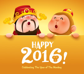 Wall Mural - Happy 2016! Chinese God of Wealth and Chinese Zodiac monkey with big sign.