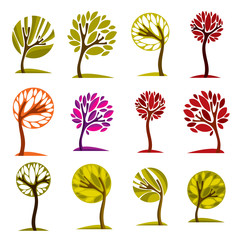 Vector art drawn colorful trees. Spring and autumn season idea 