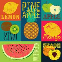 Pop Art Grunge Style Fruit Poster. Collection Of Retro Fruits. Vintage Vector Set Of Fruits.