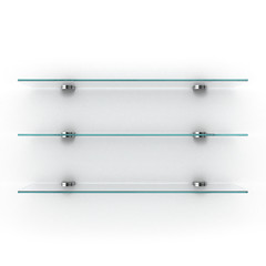 empty glass shelves isolated on white background