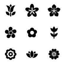 Vector Black Flowers Icon Set. Flowers Icon Object, Flowers Icon Picture, Flowers Icon Image - Stock Vector