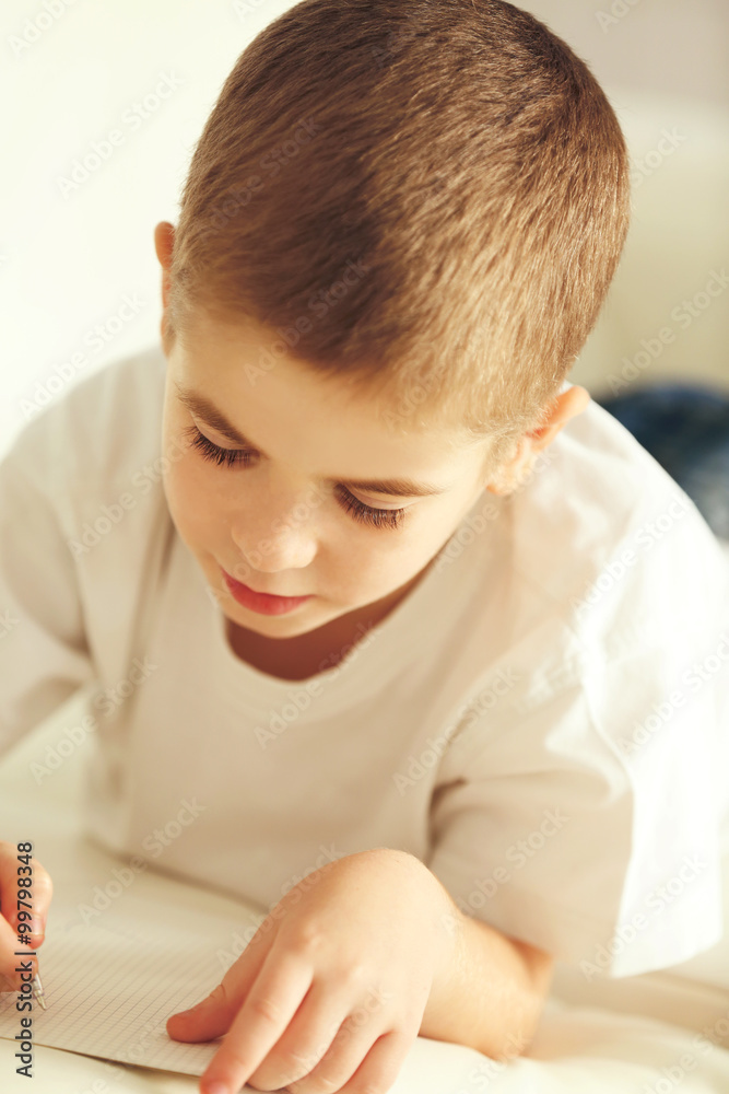 Little boy writing in notebook on a sofa at home