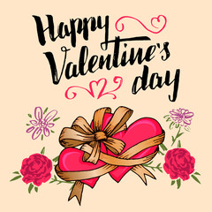 Wall Mural - Happy Valentine's day greeting card. Brush calligraphy with two hearts tied with a ribbon bow and flowers