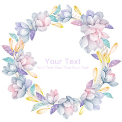 watercolor floral illustration collection. flowers arranged un a shape of the wreath perfect