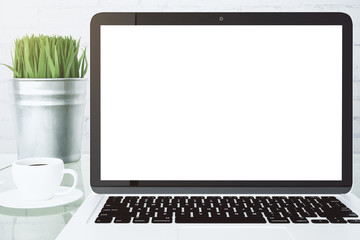 Poster - Blank white laptop screen with cup of coffee and bucket with gra