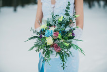 Bridal bouquet flowers closeup, winter