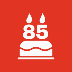 The birthday cake with candles in the form of number 85 icon. Birthday symbol. Flat